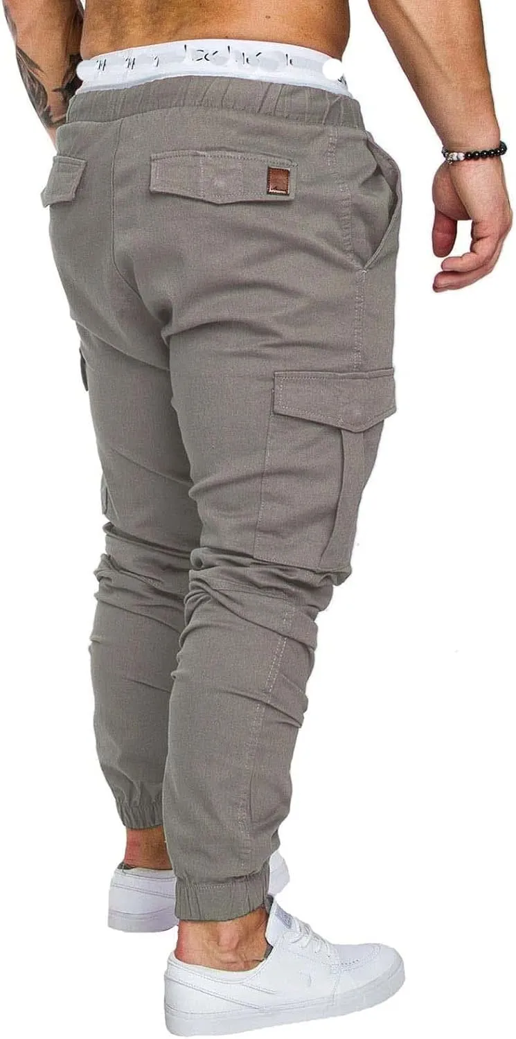 evzosrz Men's Jogger Pants Multi Pockets Sports Drawstring Trousers Elastic Waist Stretch Slim Fit Sports Cargo Pants