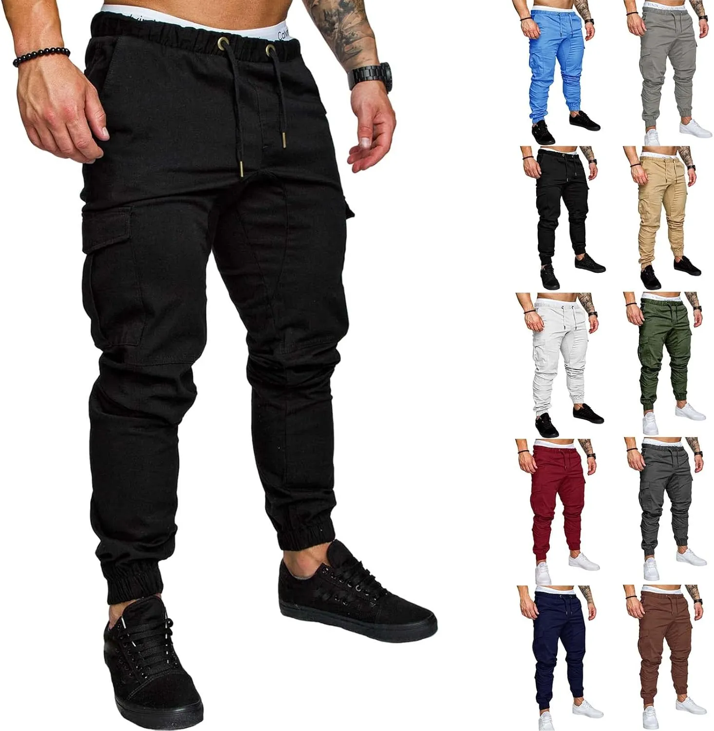 evzosrz Men's Jogger Pants Multi Pockets Sports Drawstring Trousers Elastic Waist Stretch Slim Fit Sports Cargo Pants