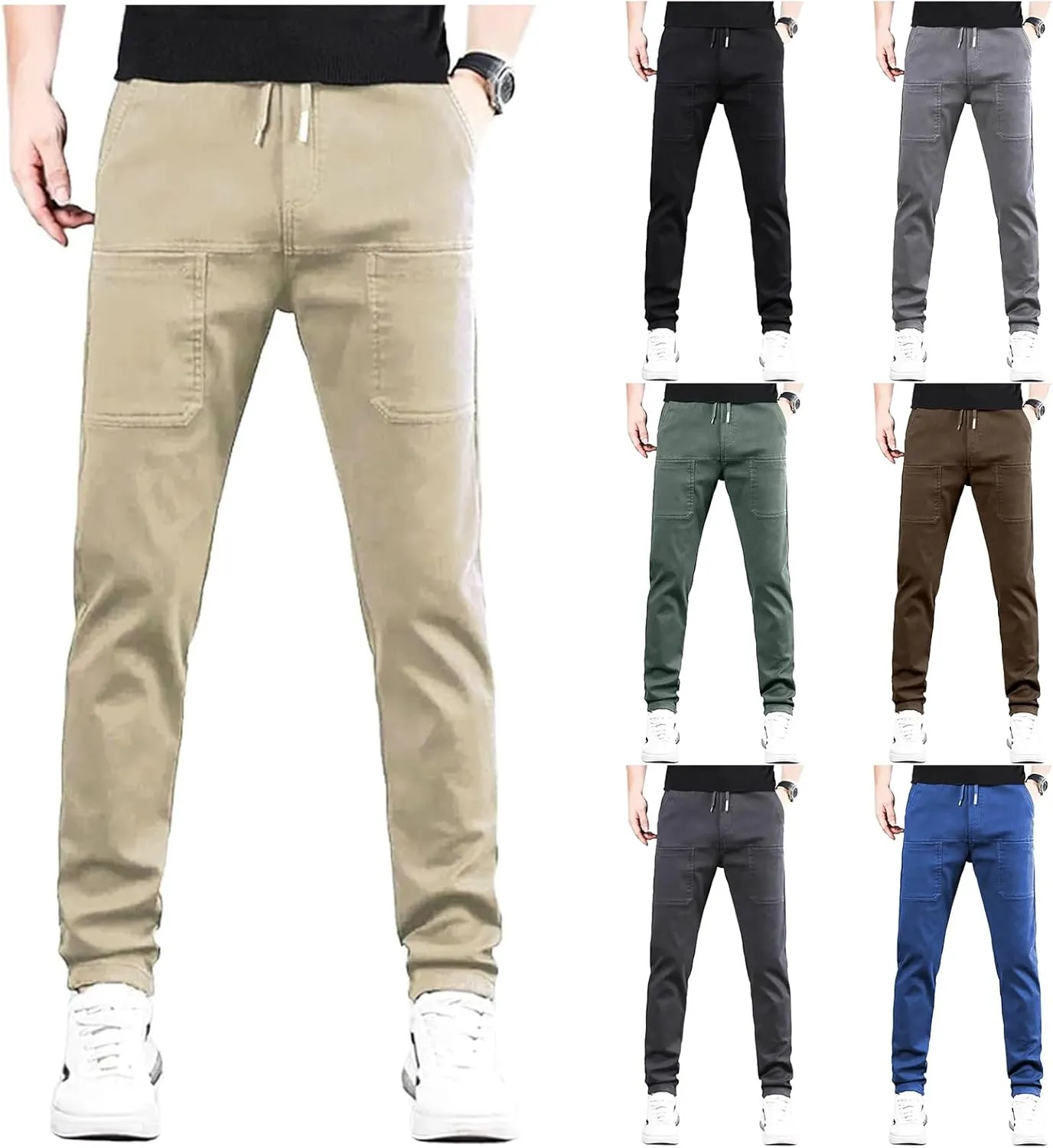 evzosrz Mens Summer Cargo Pants, Straight High Stretch Solid Waterproof High Stretch Comfy Casual Trousers with Multi-Pockets