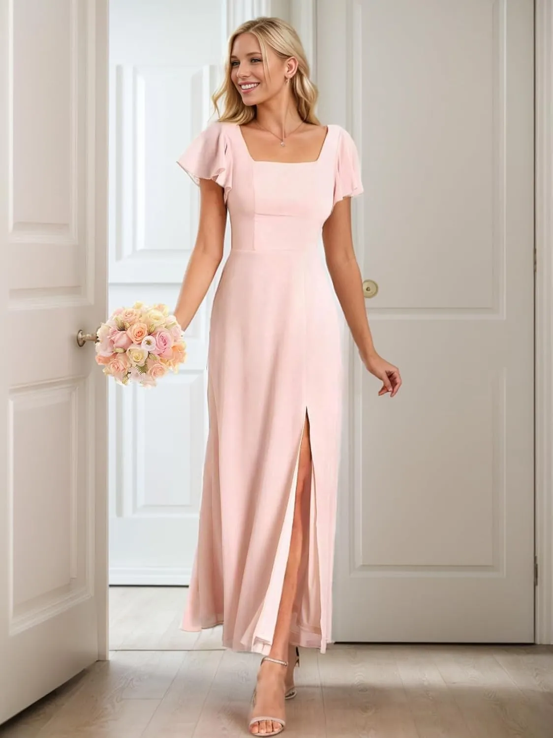 Fair Lady Bridesmaid Dresses for Wedding Women's Empire Waist Short Sleeve A Line Chiffon Long Formal Evening Gowns with Slit