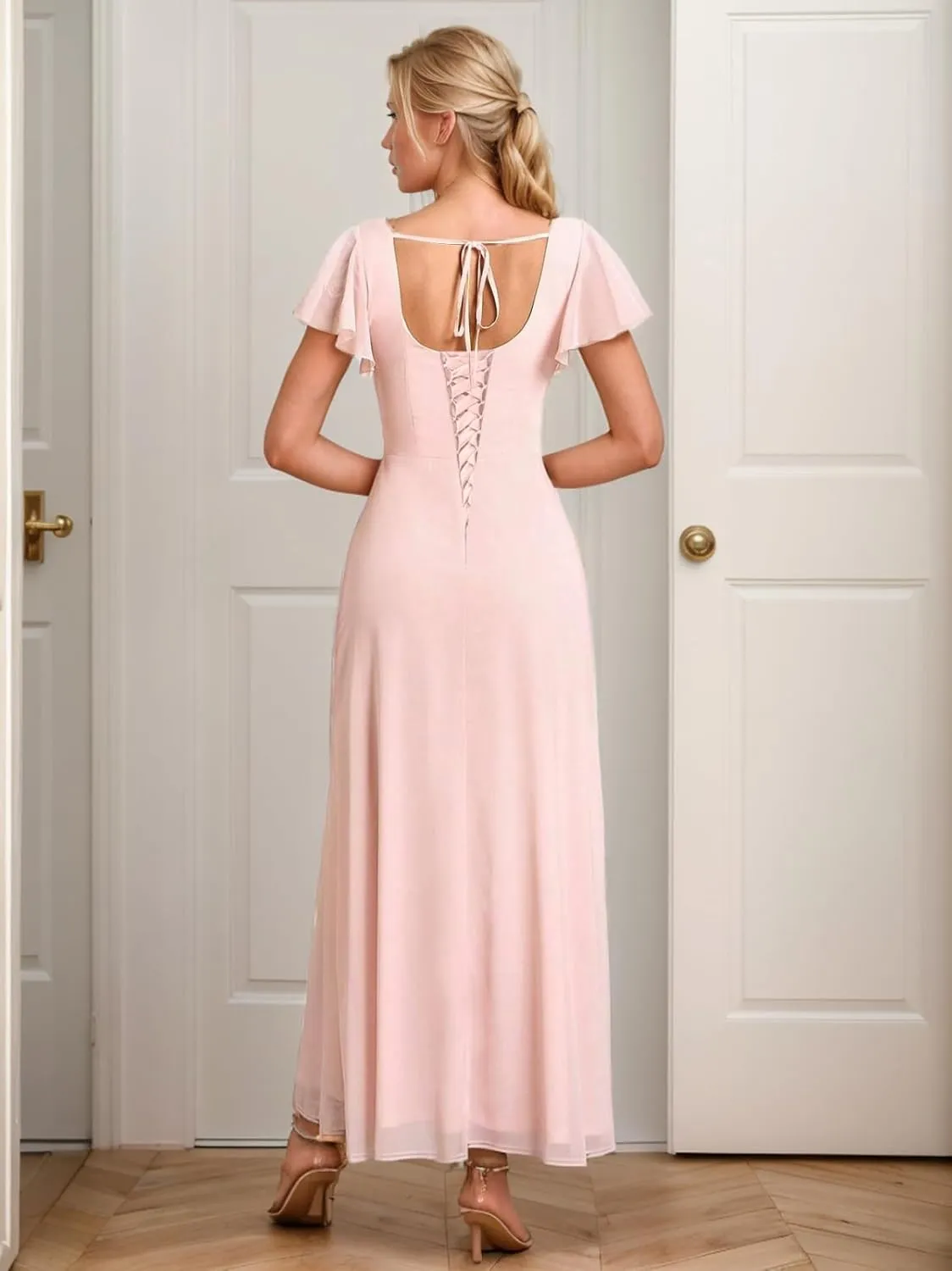 Fair Lady Bridesmaid Dresses for Wedding Women's Empire Waist Short Sleeve A Line Chiffon Long Formal Evening Gowns with Slit