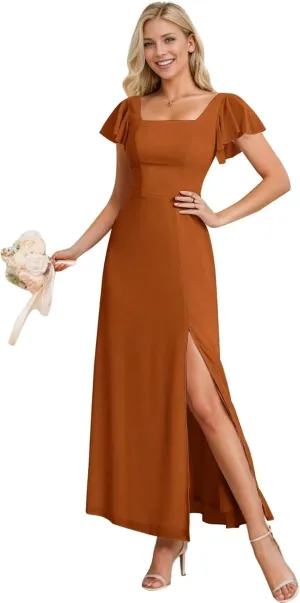 Fair Lady Bridesmaid Dresses for Wedding Women's Empire Waist Short Sleeve A Line Chiffon Long Formal Evening Gowns with Slit