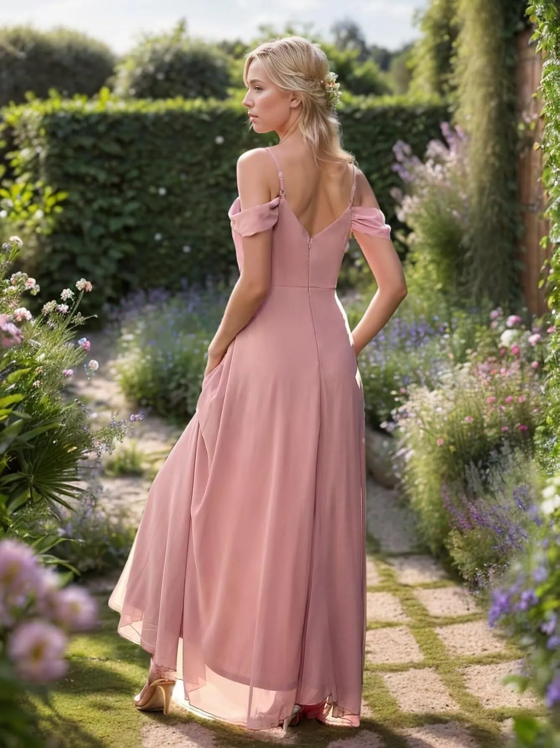 Fair Lady Chiffon Bridesmaid Dresses for Women Long Spaghetti Straps Cold Shoulder Ruffle Formal Evening Party Gowns