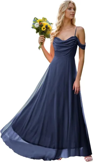 Fair Lady Chiffon Bridesmaid Dresses for Women Long Spaghetti Straps Cold Shoulder Ruffle Formal Evening Party Gowns