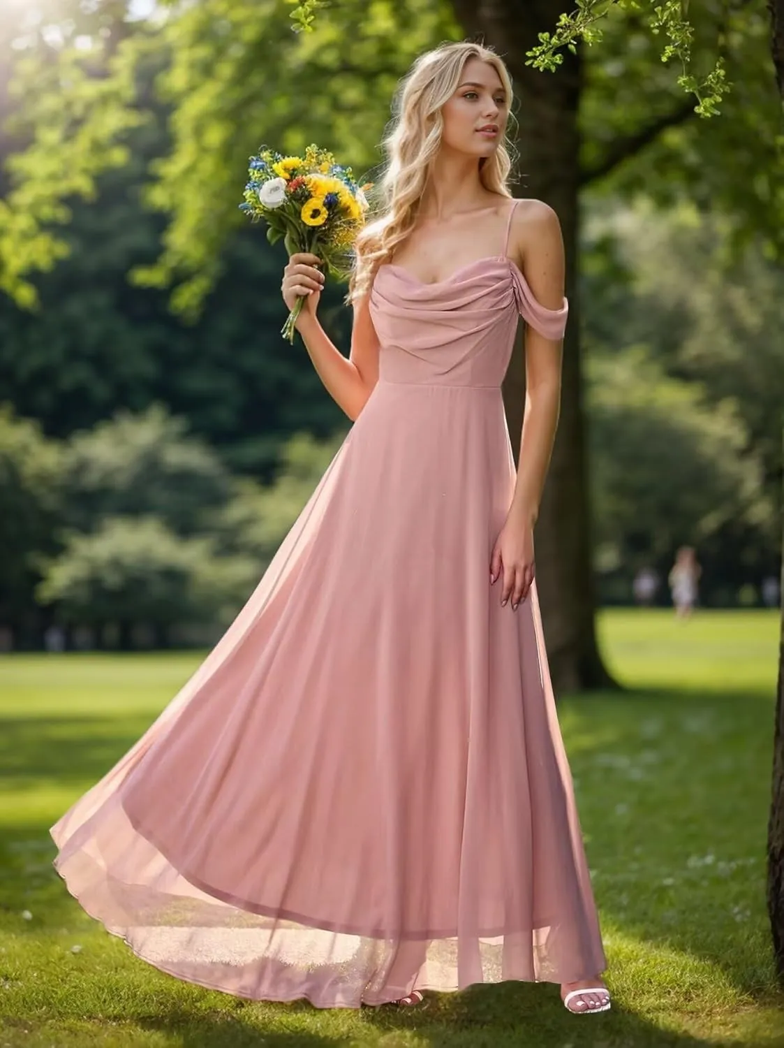 Fair Lady Chiffon Bridesmaid Dresses for Women Long Spaghetti Straps Cold Shoulder Ruffle Formal Evening Party Gowns