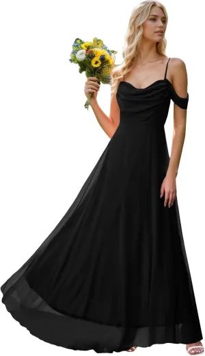 Fair Lady Chiffon Bridesmaid Dresses for Women Long Spaghetti Straps Cold Shoulder Ruffle Formal Evening Party Gowns