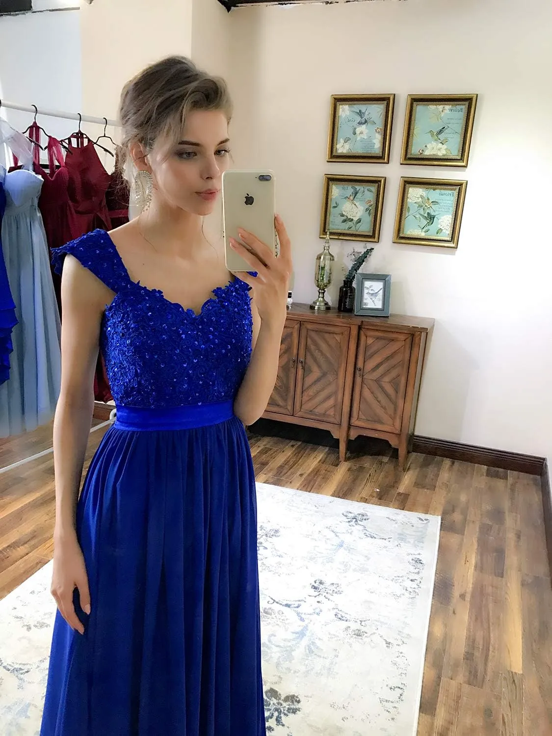 Fanciest Navy Blue Bridesmaid Dresses for Women Long Chiffon A Line Appliques Lace Formal Dress Maxi Prom Gowns