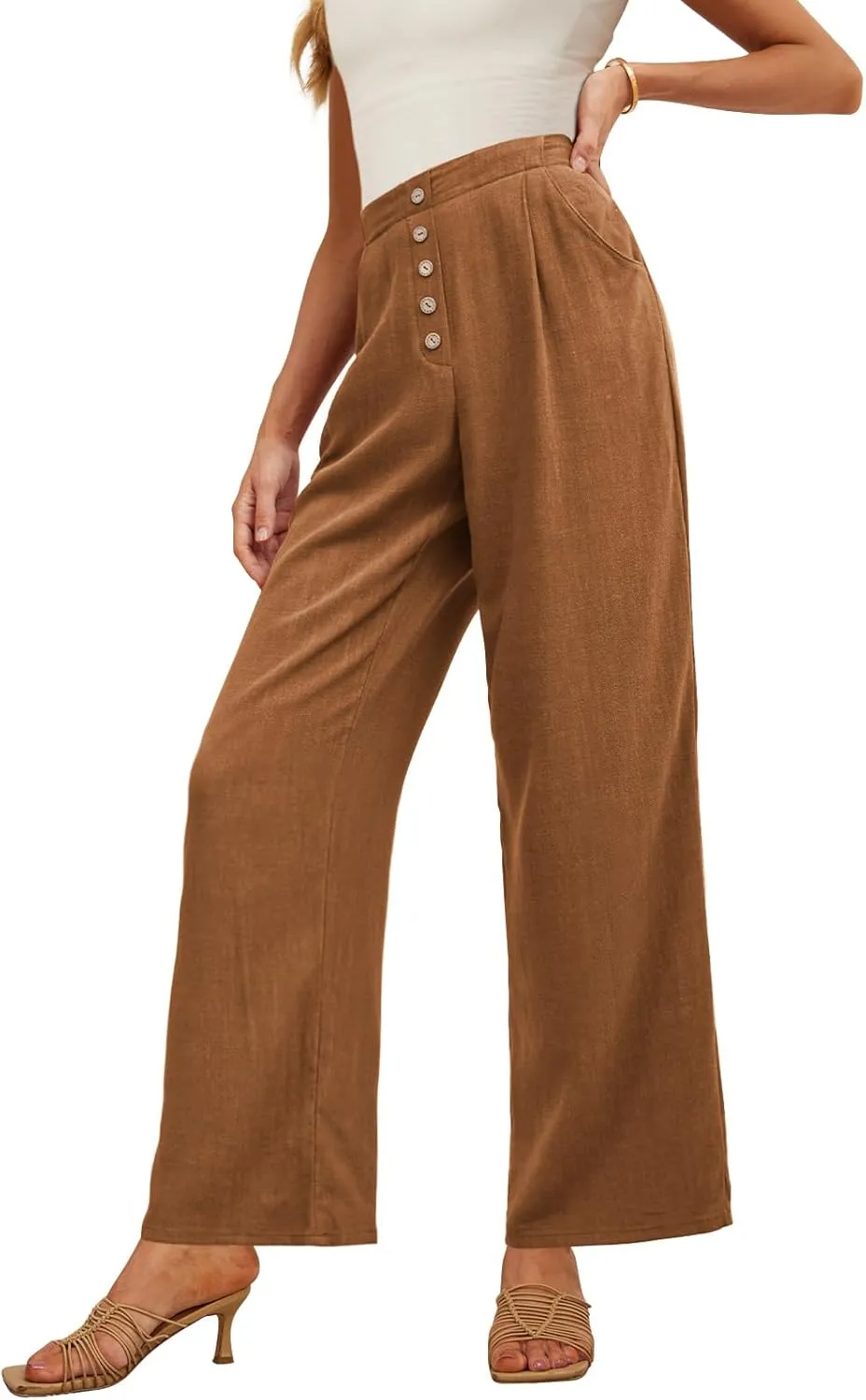 Feiersi Women's Linen Wide Leg Pants High Waisted Business Casual Palazzo Flowy Trousers with Pockets