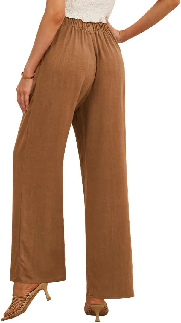 Feiersi Women's Linen Wide Leg Pants High Waisted Business Casual Palazzo Flowy Trousers with Pockets