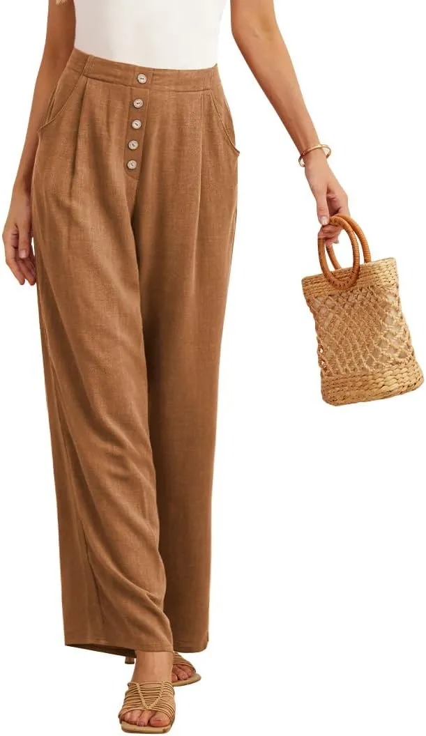 Feiersi Women's Linen Wide Leg Pants High Waisted Business Casual Palazzo Flowy Trousers with Pockets