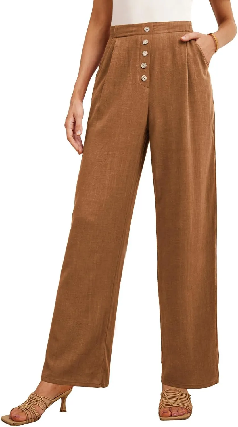 Feiersi Women's Linen Wide Leg Pants High Waisted Business Casual Palazzo Flowy Trousers with Pockets