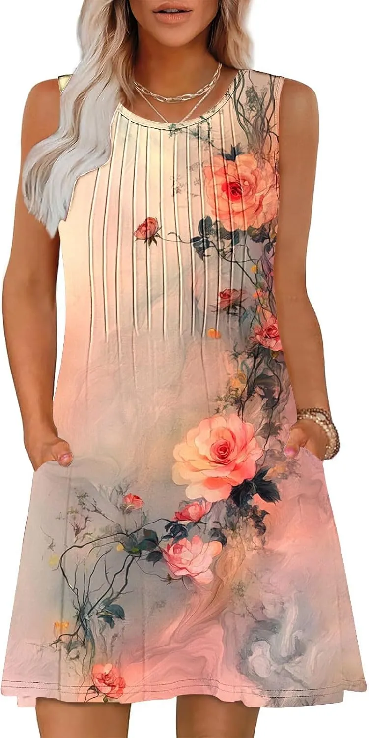 Finelylove Boho Dresses for Women 2025 Sleeveless Mini Floral Dresses Summer Beach Vacation Sundress Casual Tank Dress 2025