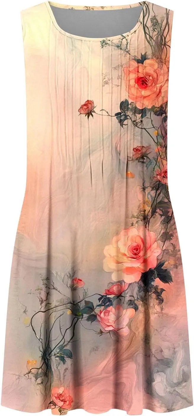 Finelylove Boho Dresses for Women 2025 Sleeveless Mini Floral Dresses Summer Beach Vacation Sundress Casual Tank Dress 2025