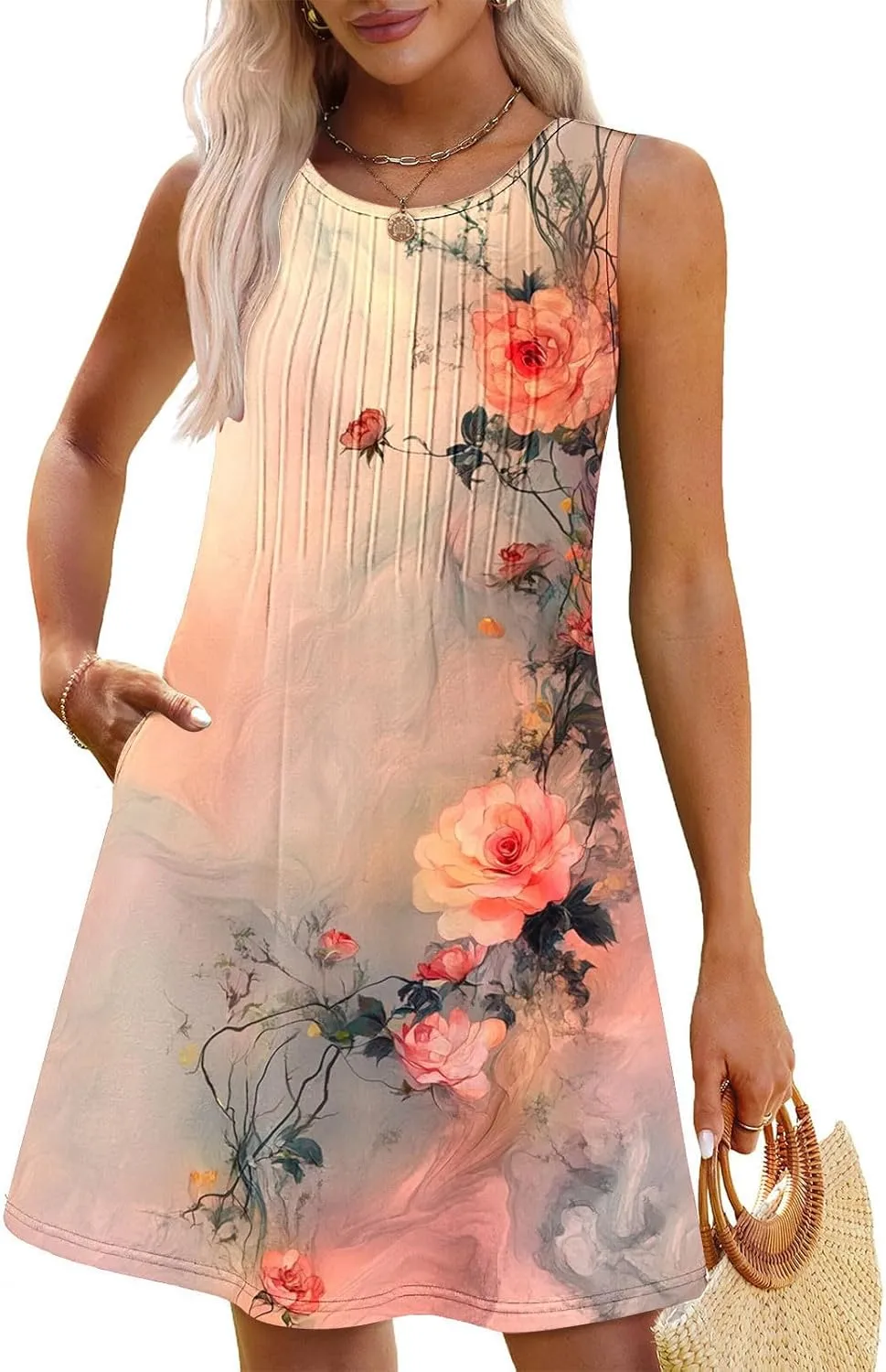 Finelylove Boho Dresses for Women 2025 Sleeveless Mini Floral Dresses Summer Beach Vacation Sundress Casual Tank Dress 2025