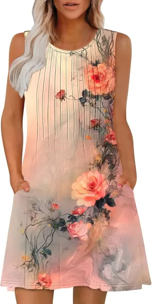 Finelylove Boho Dresses for Women 2025 Sleeveless Mini Floral Dresses Summer Beach Vacation Sundress Casual Tank Dress 2025