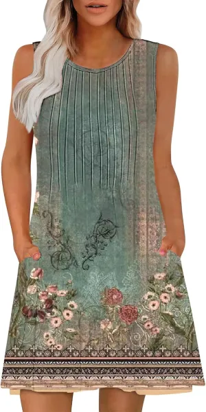 Finelylove Boho Dresses for Women 2025 Sleeveless Mini Floral Dresses Summer Beach Vacation Sundress Casual Tank Dress 2025