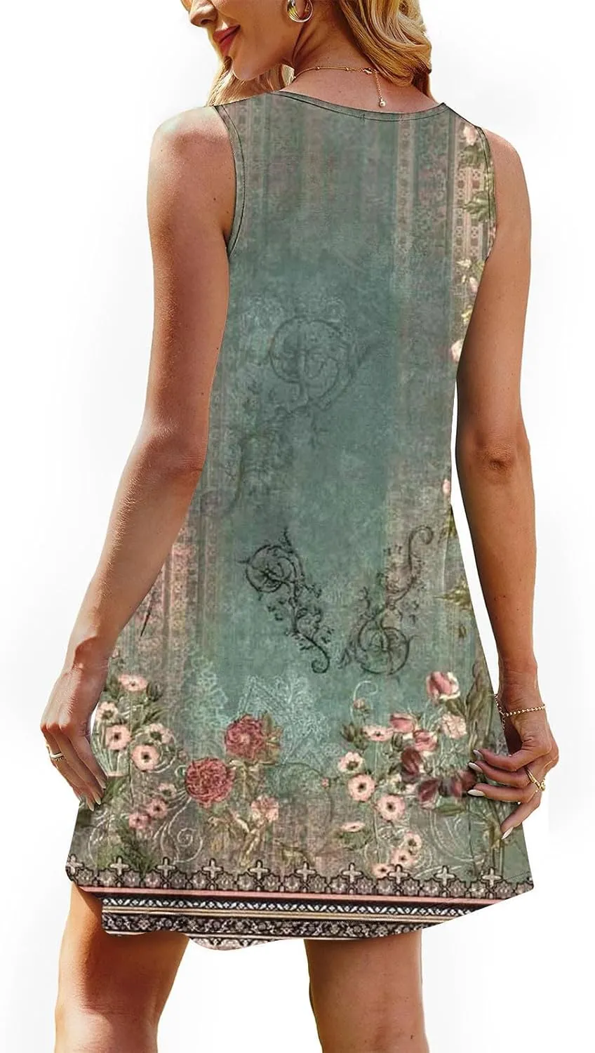 Finelylove Boho Dresses for Women 2025 Sleeveless Mini Floral Dresses Summer Beach Vacation Sundress Casual Tank Dress 2025