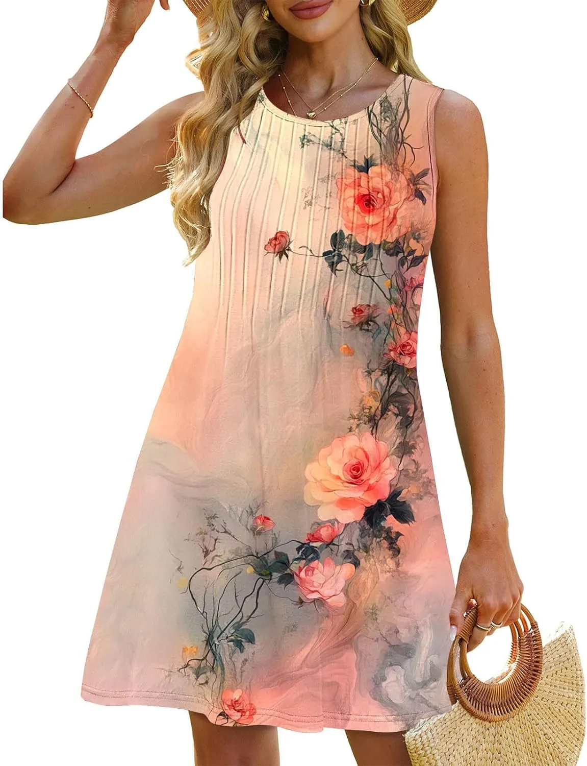 Finelylove Boho Dresses for Women 2025 Sleeveless Mini Floral Dresses Summer Beach Vacation Sundress Casual Tank Dress 2025