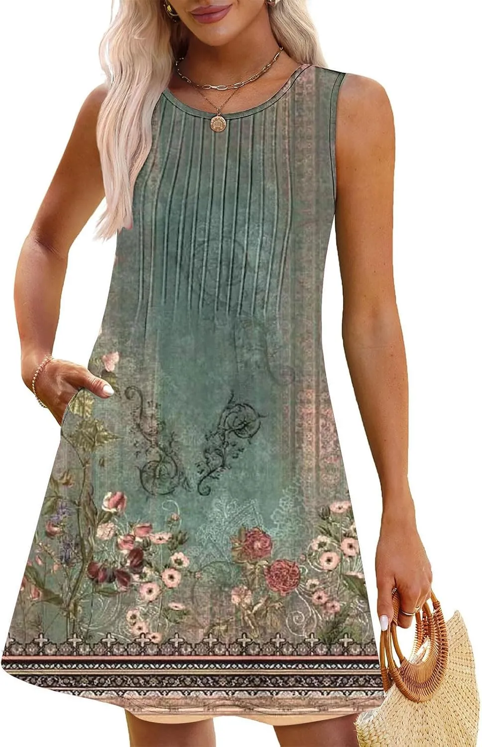 Finelylove Boho Dresses for Women 2025 Sleeveless Mini Floral Dresses Summer Beach Vacation Sundress Casual Tank Dress 2025