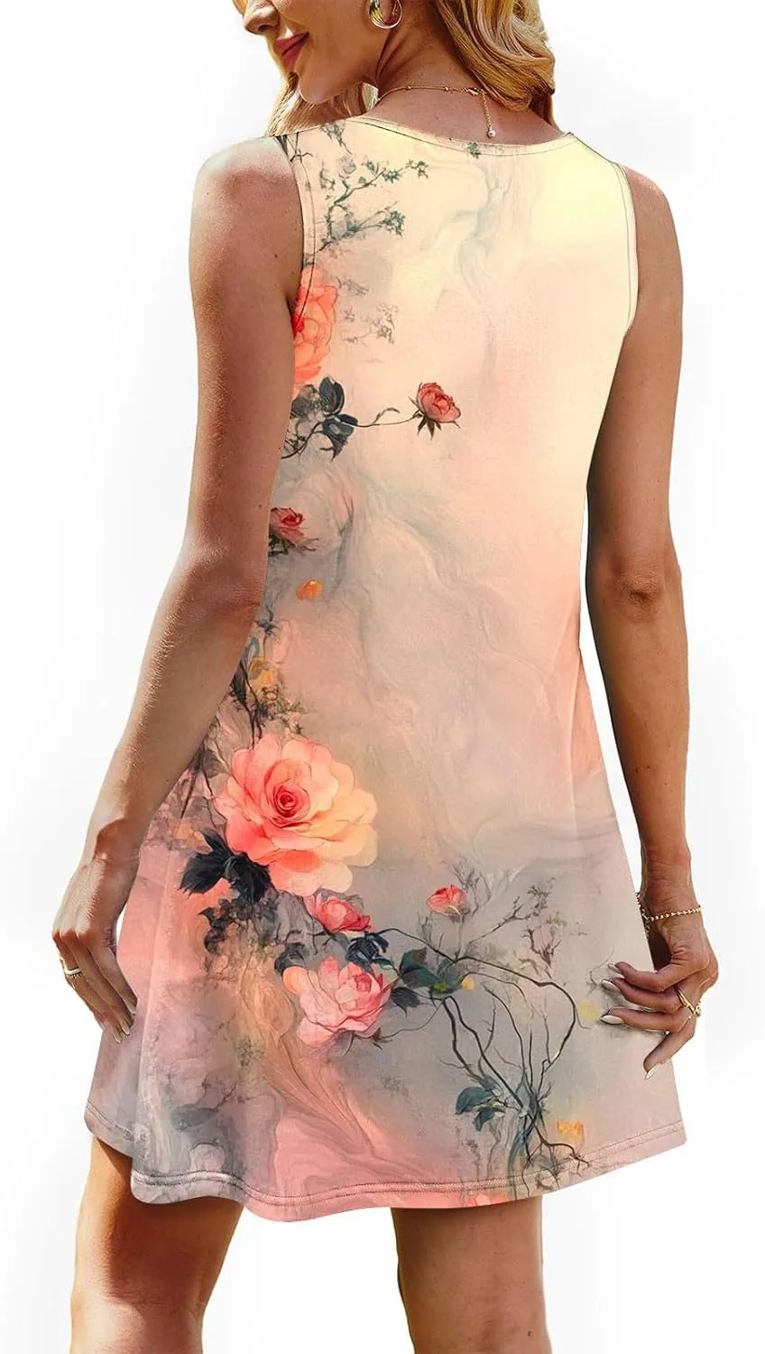 Finelylove Boho Dresses for Women 2025 Sleeveless Mini Floral Dresses Summer Beach Vacation Sundress Casual Tank Dress 2025