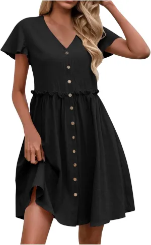 Finelylove Spring Summer Dresses Casual Button Down Shirt Dress Loose A Line Flowy Ruffle Shift Mini Dresses Beach Vacation