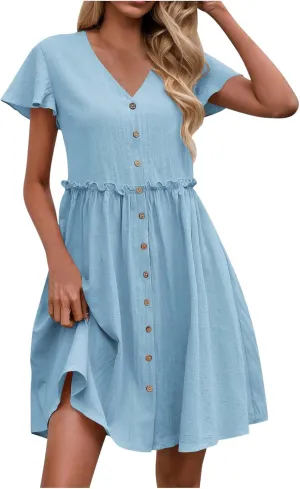 Finelylove Spring Summer Dresses Casual Button Down Shirt Dress Loose A Line Flowy Ruffle Shift Mini Dresses Beach Vacation