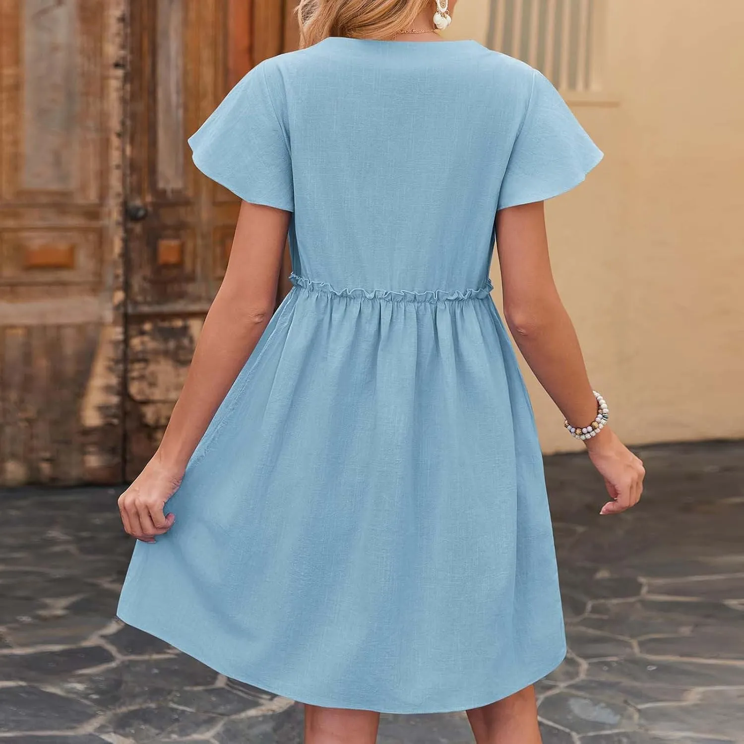 Finelylove Spring Summer Dresses Casual Button Down Shirt Dress Loose A Line Flowy Ruffle Shift Mini Dresses Beach Vacation