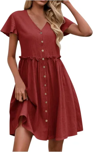 Finelylove Spring Summer Dresses Casual Button Down Shirt Dress Loose A Line Flowy Ruffle Shift Mini Dresses Beach Vacation