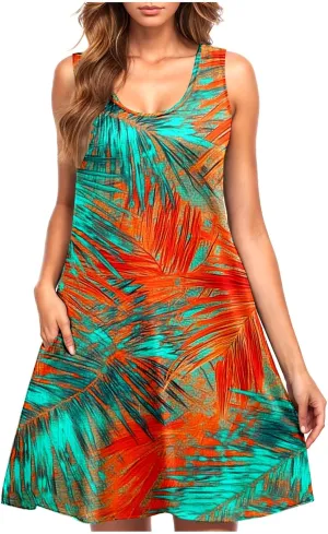 Finelylove Summer Dresses for Women 2025 Loose Sleeveless Floral Beach Vacation Sundress Mini Tank Dress Spring Outfits 2025