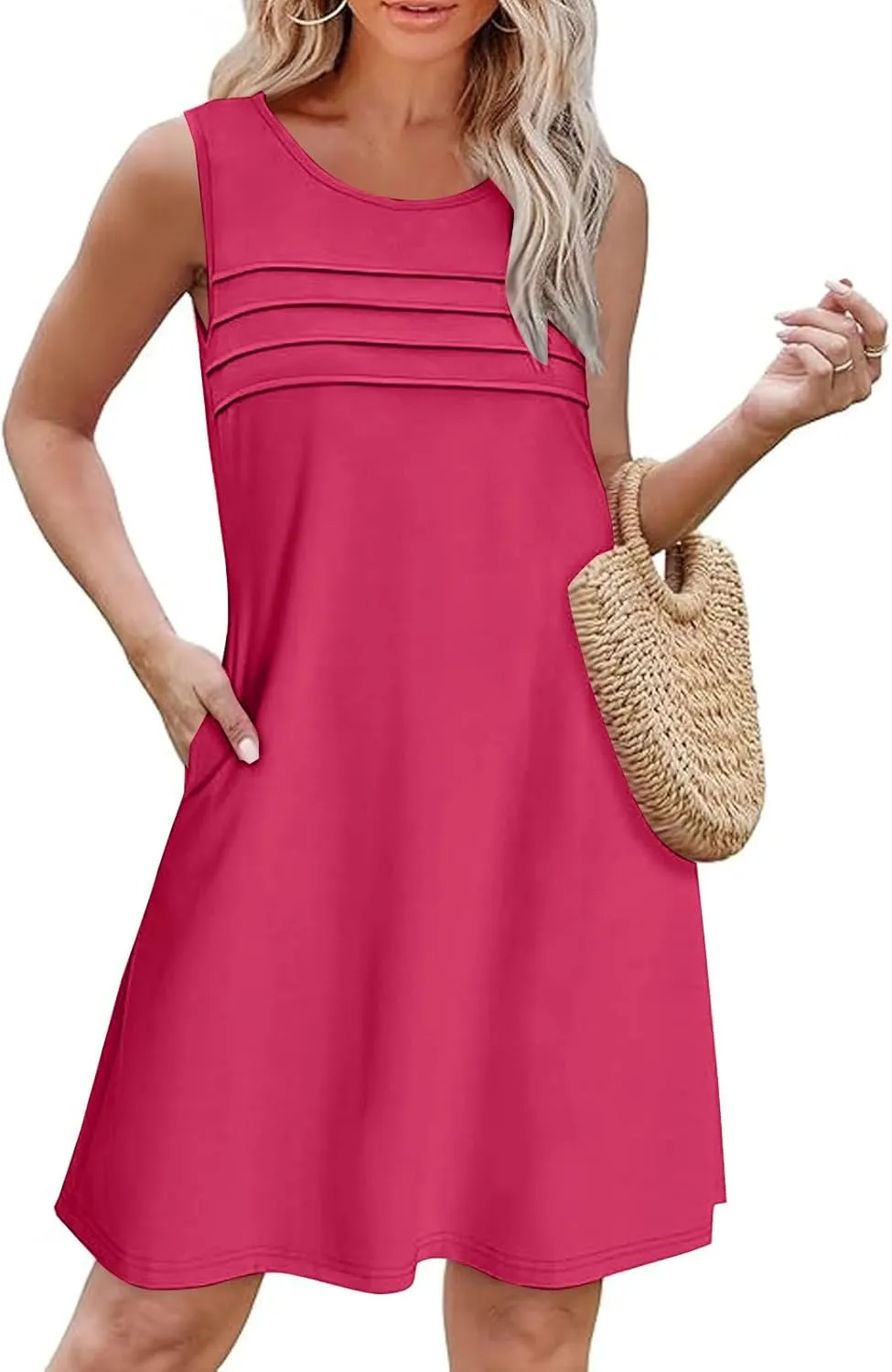 Finelylove Summer Dresses for Women 2025 Short Sleeve Spring Mini Dress Pleated A Line Beach Sundress Vacation Outfits