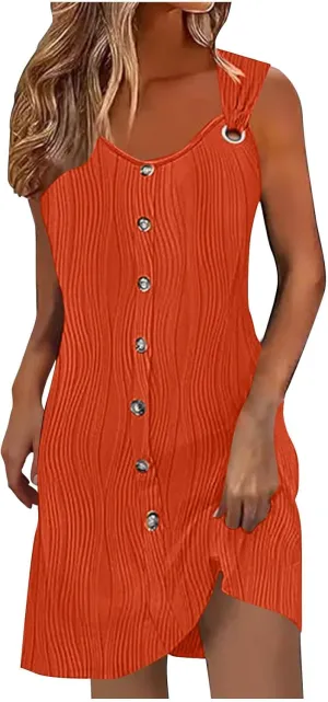 Finelylove Summer Spring Dresses for Women 2025 O Ring Shoulder Sleeveless Sundress Button A Line Mini Dress Beach Clothes