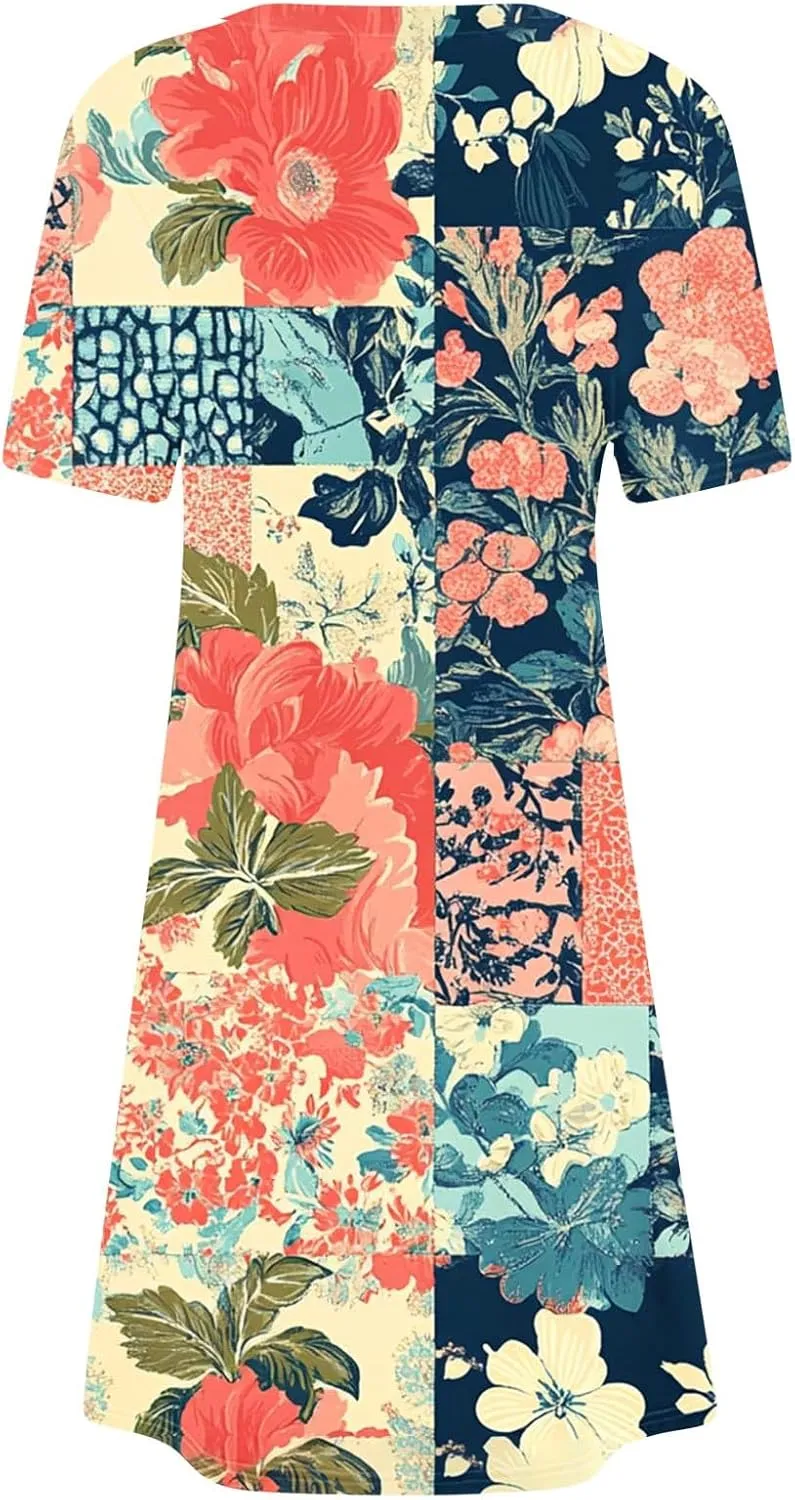 Finelylove Sundresses for Women 2025 Short Sleeve Mini Dress Summer Hawaiian Floral Beach Vacation Dresses Boho Outfits