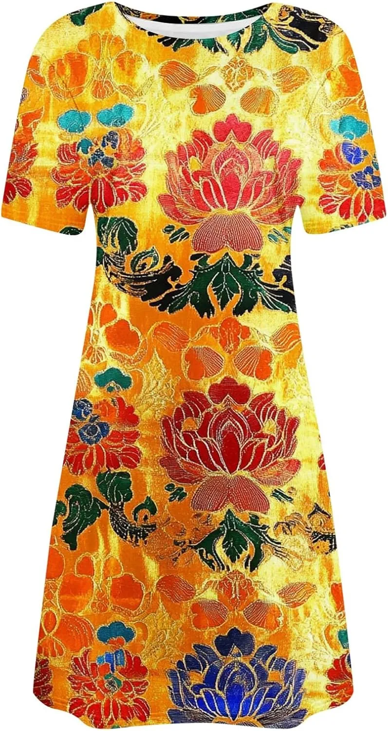 Finelylove Sundresses for Women 2025 Short Sleeve Mini Dress Summer Hawaiian Floral Beach Vacation Dresses Boho Outfits