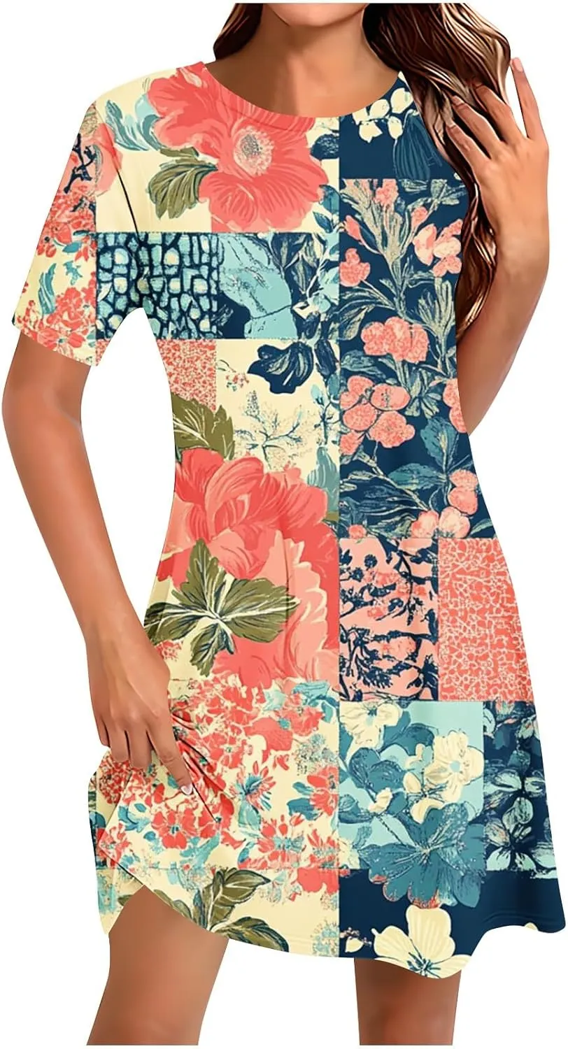 Finelylove Sundresses for Women 2025 Short Sleeve Mini Dress Summer Hawaiian Floral Beach Vacation Dresses Boho Outfits