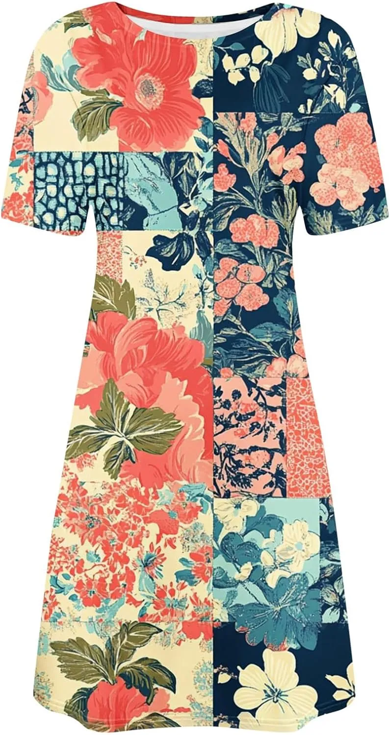 Finelylove Sundresses for Women 2025 Short Sleeve Mini Dress Summer Hawaiian Floral Beach Vacation Dresses Boho Outfits