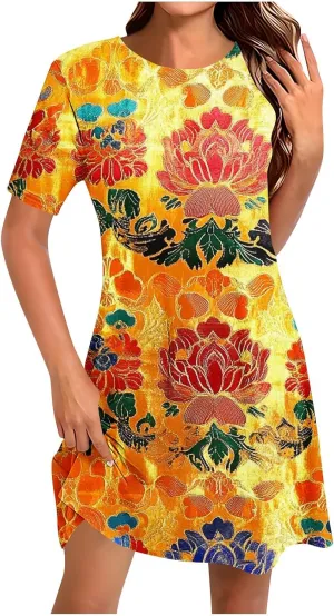 Finelylove Sundresses for Women 2025 Short Sleeve Mini Dress Summer Hawaiian Floral Beach Vacation Dresses Boho Outfits