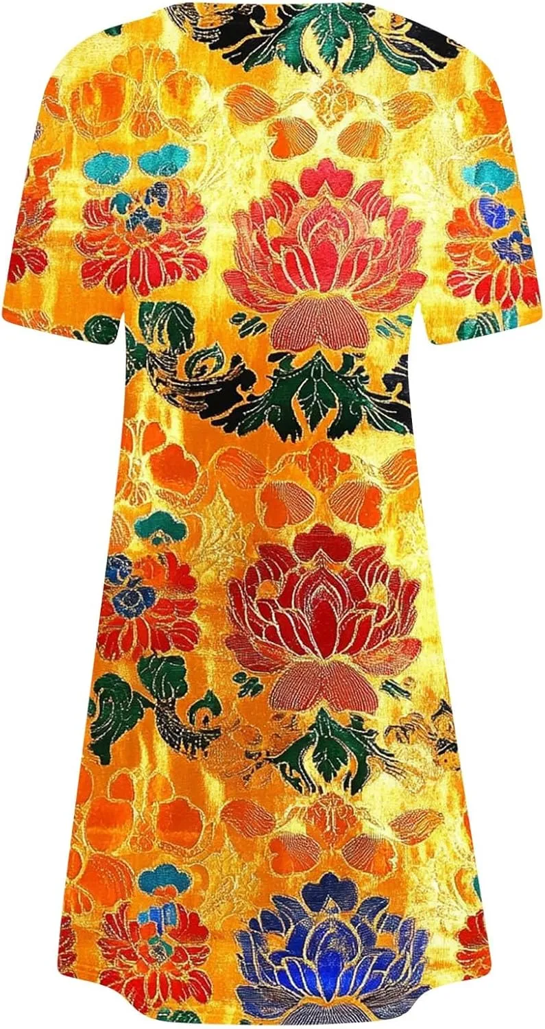 Finelylove Sundresses for Women 2025 Short Sleeve Mini Dress Summer Hawaiian Floral Beach Vacation Dresses Boho Outfits