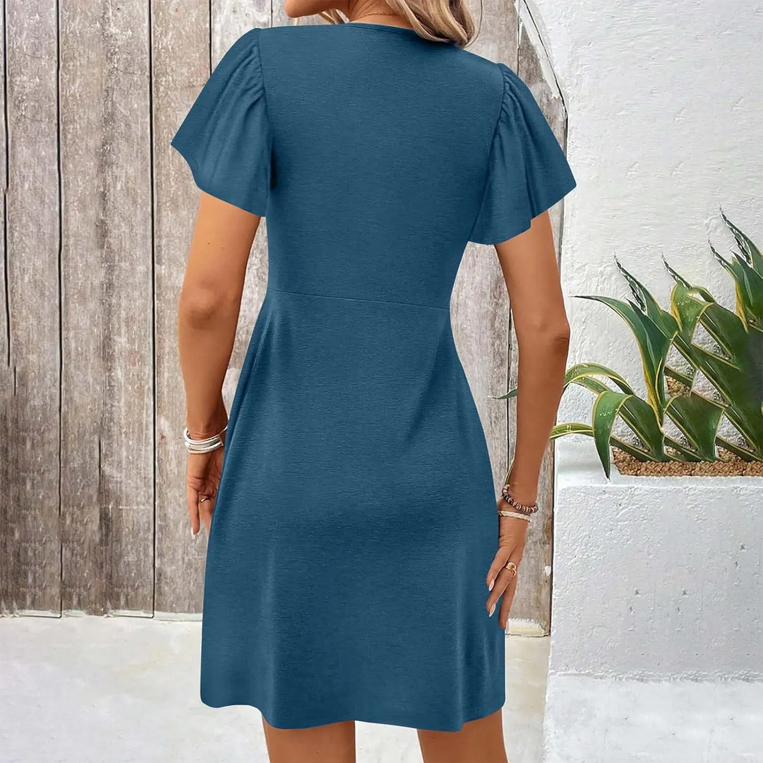 Finelylove Women's Casual Summer Dresses Short Sleeve V Neck Ruched Mini Dress A Line Flowy Boho Beach Vacation Sundresses