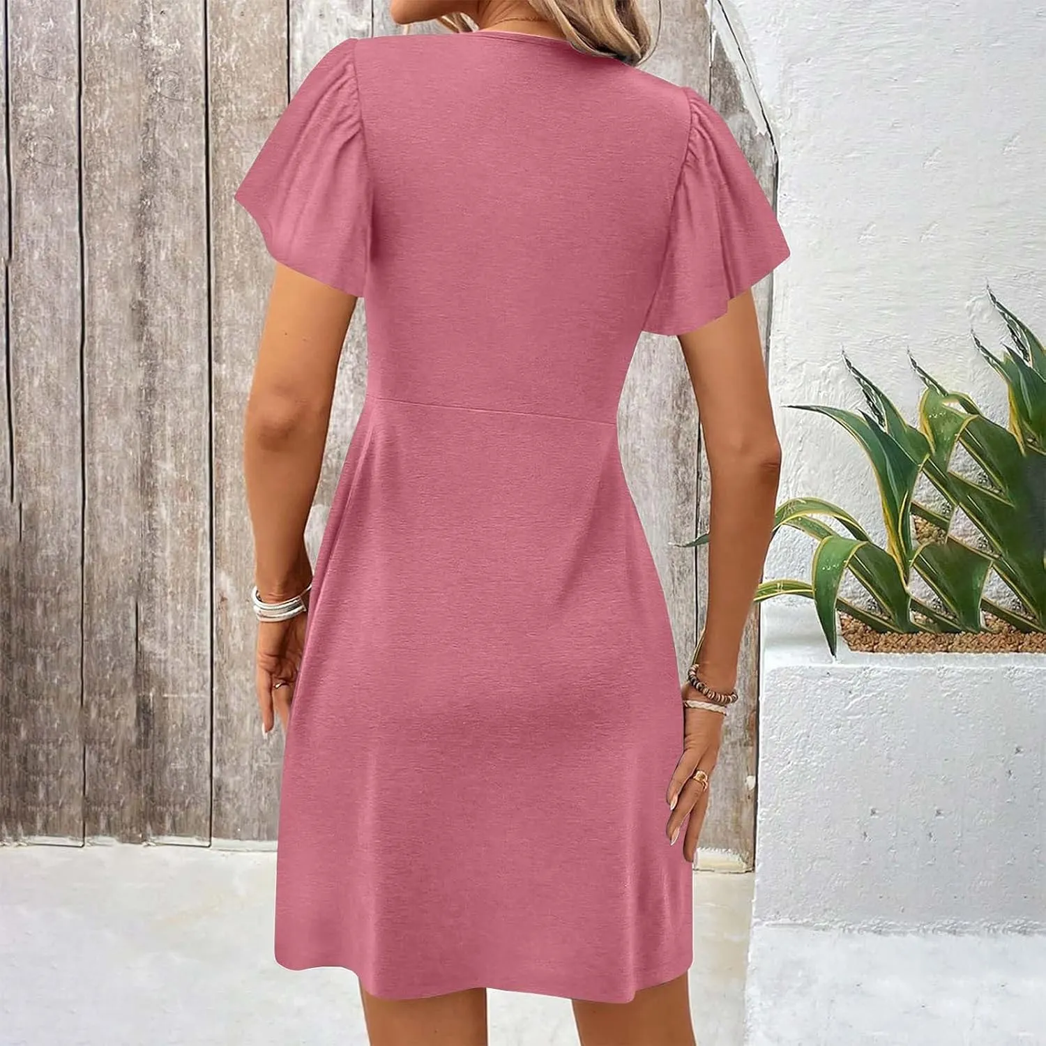 Finelylove Women's Casual Summer Dresses Short Sleeve V Neck Ruched Mini Dress A Line Flowy Boho Beach Vacation Sundresses
