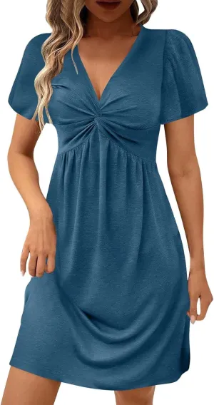 Finelylove Women's Casual Summer Dresses Short Sleeve V Neck Ruched Mini Dress A Line Flowy Boho Beach Vacation Sundresses