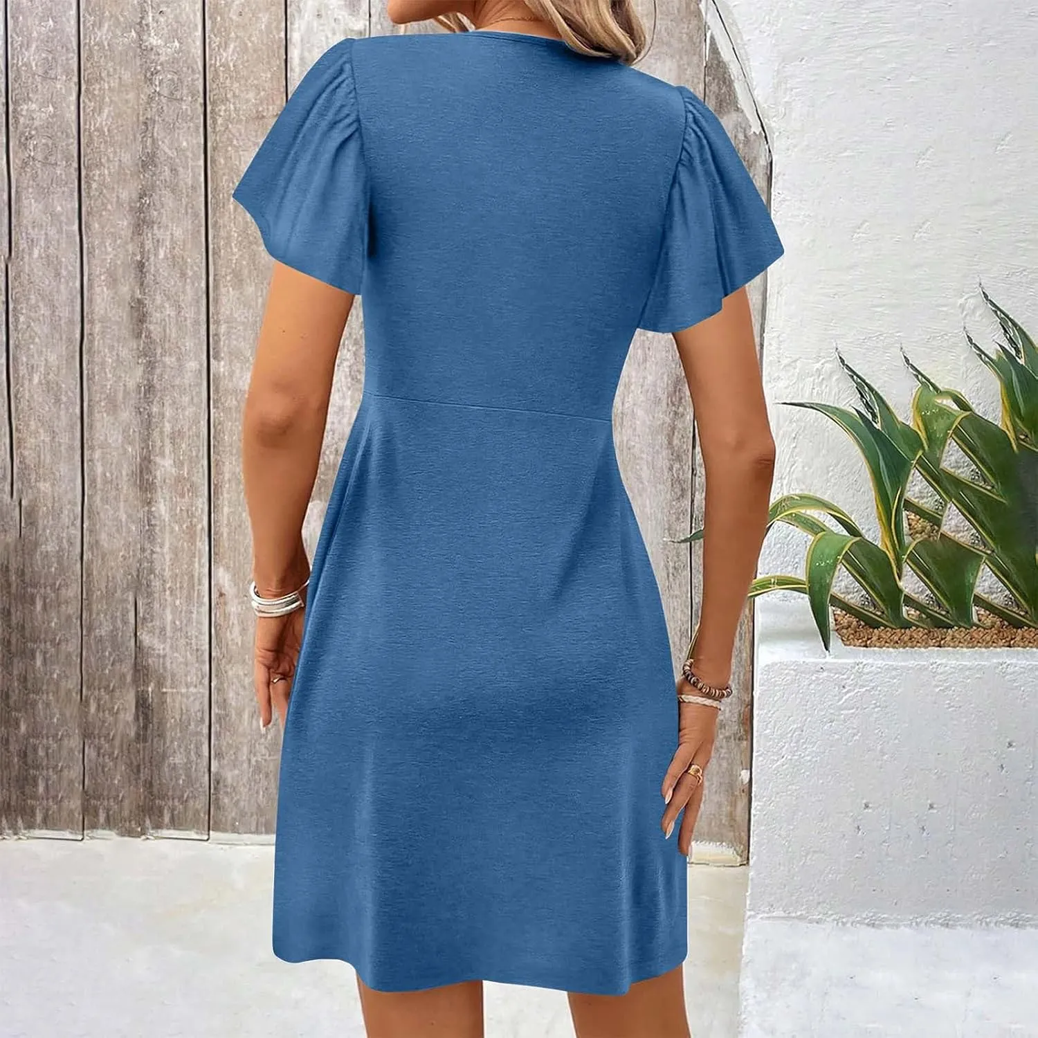 Finelylove Women's Casual Summer Dresses Short Sleeve V Neck Ruched Mini Dress A Line Flowy Boho Beach Vacation Sundresses