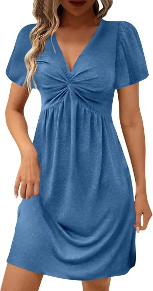 Finelylove Women's Casual Summer Dresses Short Sleeve V Neck Ruched Mini Dress A Line Flowy Boho Beach Vacation Sundresses