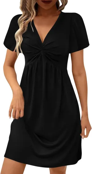 Finelylove Women's Casual Summer Dresses Short Sleeve V Neck Ruched Mini Dress A Line Flowy Boho Beach Vacation Sundresses