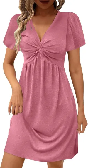 Finelylove Women's Casual Summer Dresses Short Sleeve V Neck Ruched Mini Dress A Line Flowy Boho Beach Vacation Sundresses