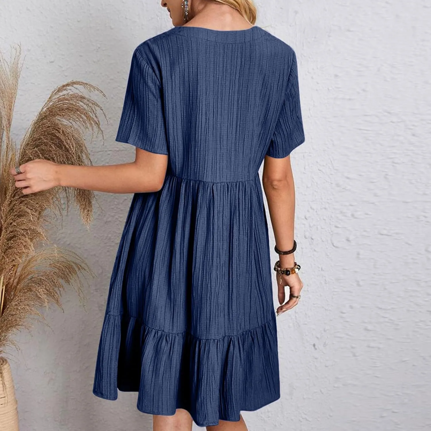 Finelylove Womens Summer Casual Mini Dress Short Sleeve V Neck A Line Sundress Ruffle Flowy Tiered Beach Vacation Dresses