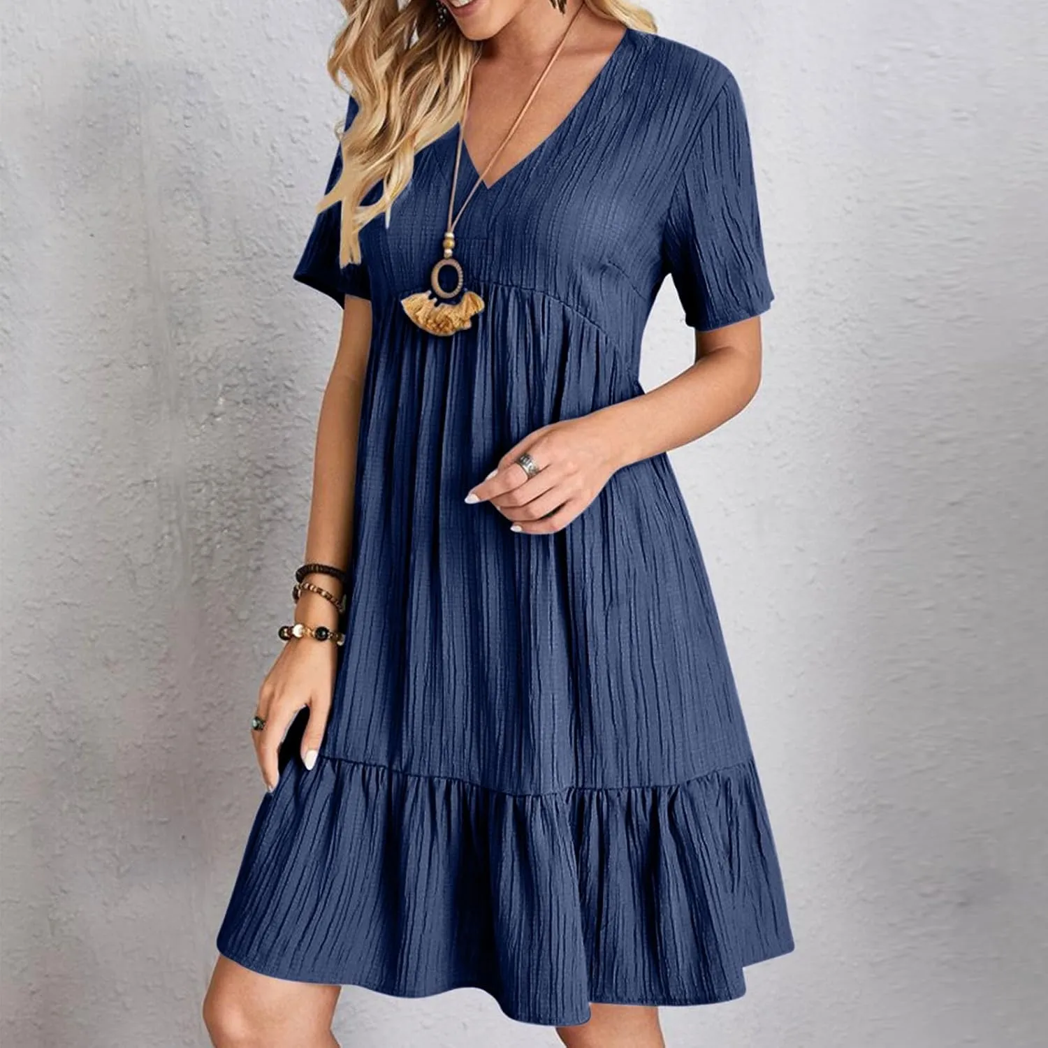 Finelylove Womens Summer Casual Mini Dress Short Sleeve V Neck A Line Sundress Ruffle Flowy Tiered Beach Vacation Dresses