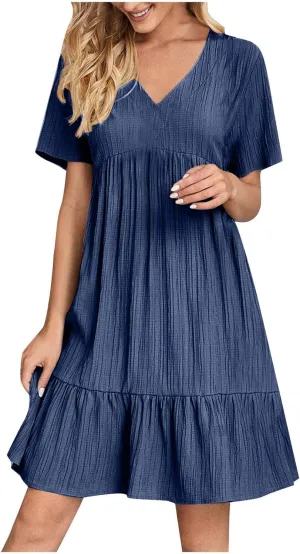 Finelylove Womens Summer Casual Mini Dress Short Sleeve V Neck A Line Sundress Ruffle Flowy Tiered Beach Vacation Dresses