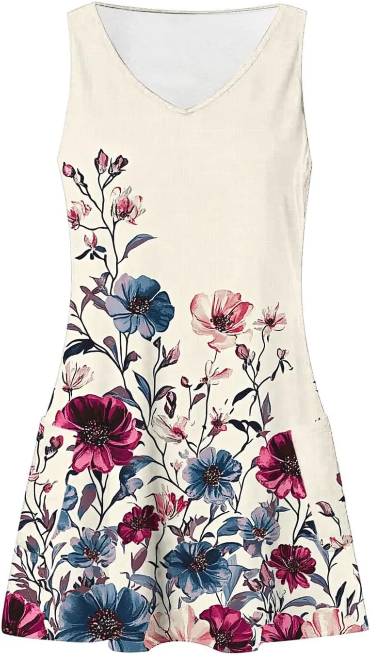 Finelylove Womens Summer Dresses 2025 V Neck Sleeveless Sundress Boho Floral Mini Dress Swimsuit Coverup 2025 Beach Vacation