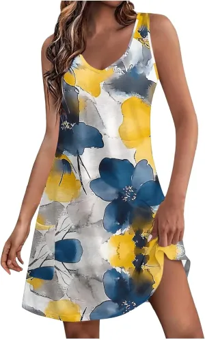 Finelylove Womens Summer Dresses 2025 V Neck Sleeveless Sundress Boho Floral Mini Dress Swimsuit Coverup 2025 Beach Vacation