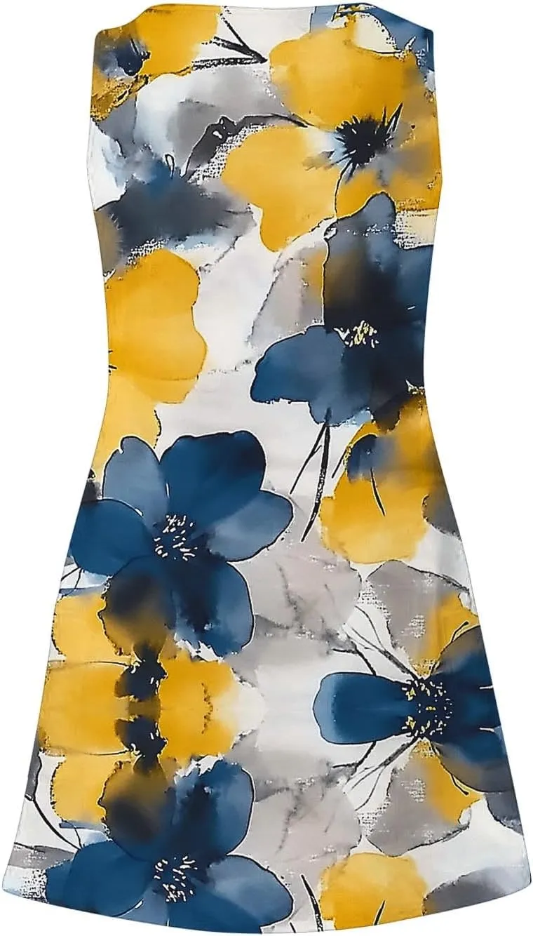 Finelylove Womens Summer Dresses 2025 V Neck Sleeveless Sundress Boho Floral Mini Dress Swimsuit Coverup 2025 Beach Vacation